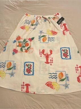 NWT MetroWear Linen Rayon Blend Coastal Lobster Citrus Print A-Line Skirt XL